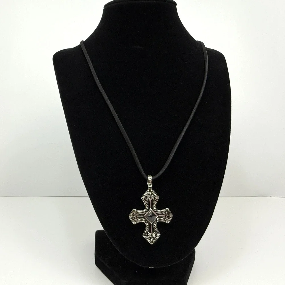 Stainless Steel Black Agate Cross Pendant Necklace Vintage Antique Style Silver